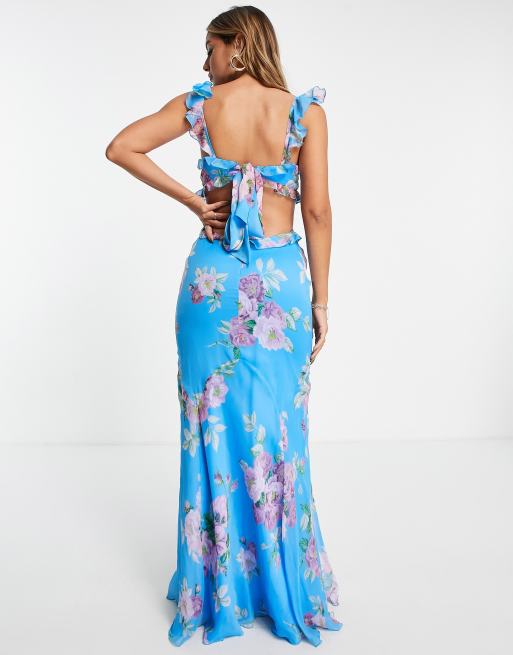 Blue Floral Dress - Backless Lace-Up Dress - Ruffled Maxi Dress