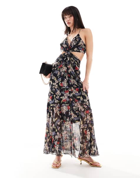 ASOS DESIGN soft maxi sundress with cutout in black floral print - view 1