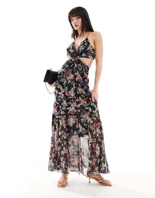 asos design soft maxi sundress with cutout in black floral print