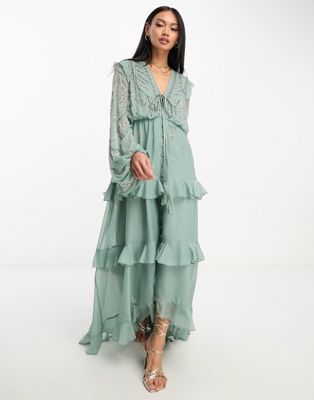 ASOS DESIGN soft midi dress with button front and trailing floral embellishment in sage