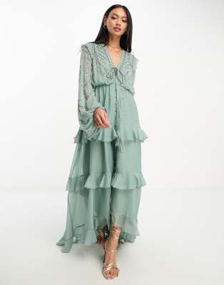 ASOS DESIGN soft midi dress with button front and trailing floral  embellishment in sage