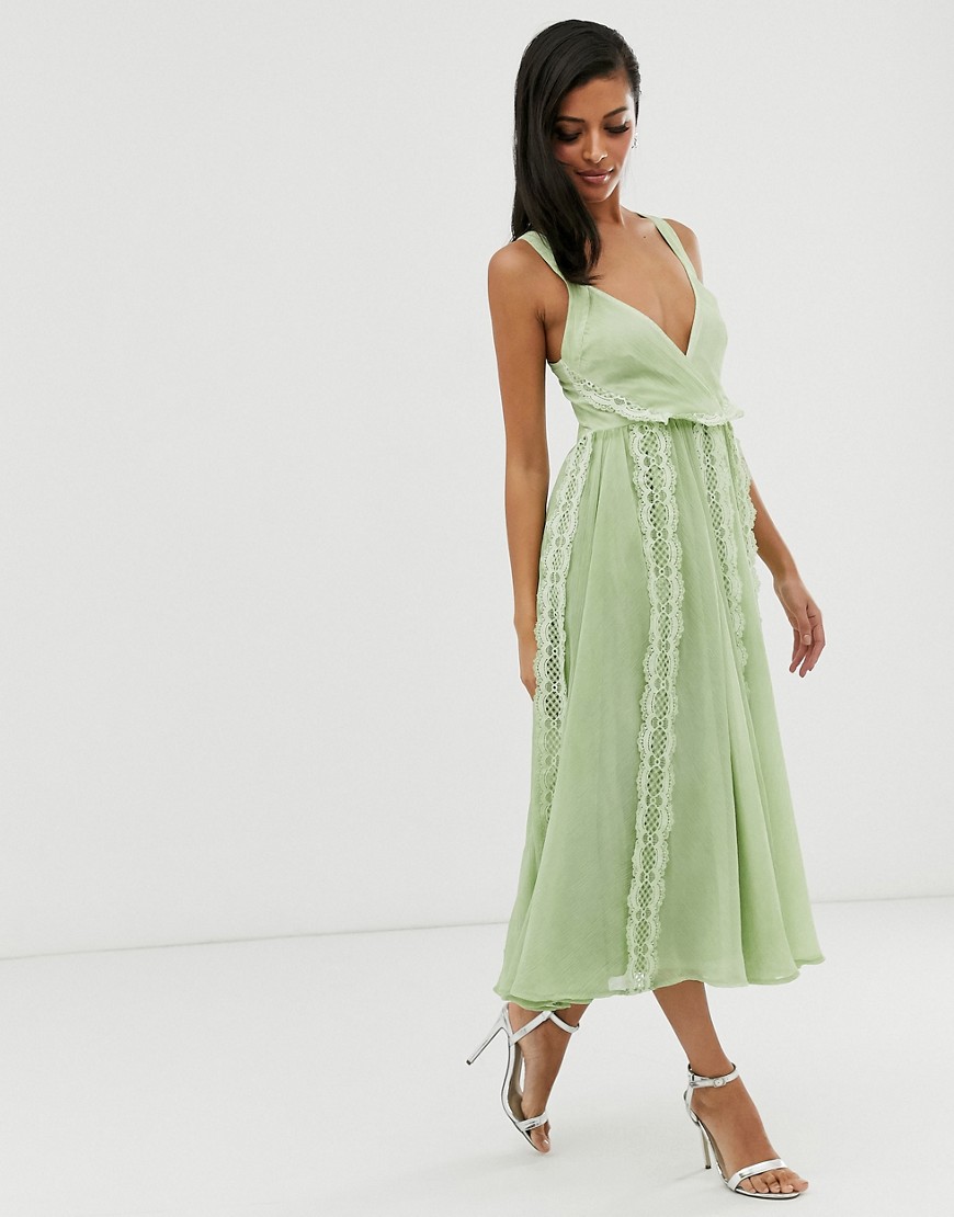 ASOS DESIGN soft midi dress with lace insert in washed chiffon-Green