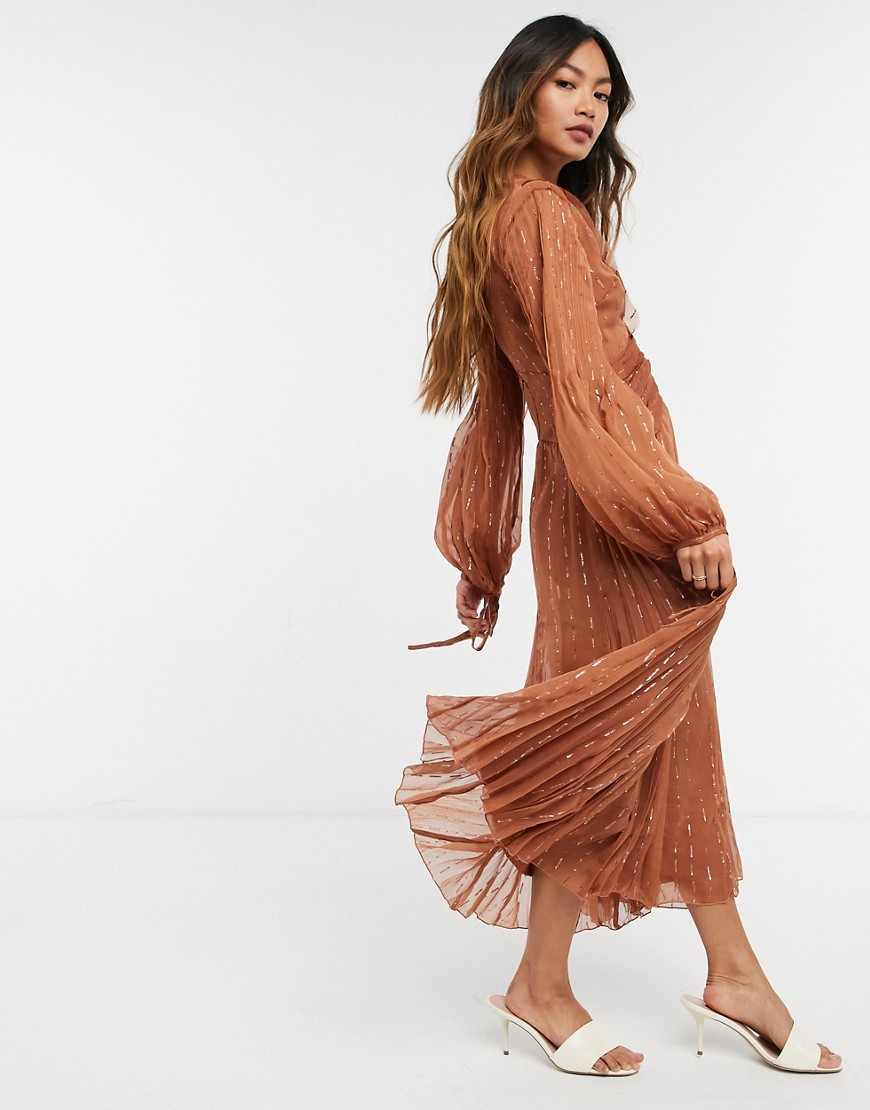 ASOS DESIGN soft midi dress with pintuck detail in a textured chiffon rust-Multi