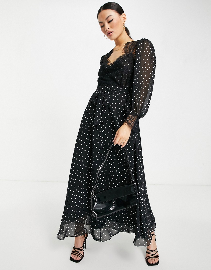 ASOS DESIGN soft midi skater dress in polka dot with eyelash lace details-Multi