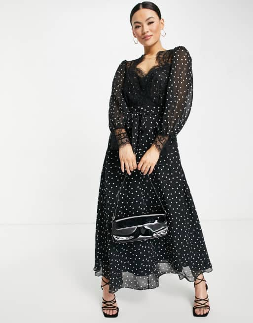 ASOS DESIGN soft midi skater dress in polka dot with eyelash lace details