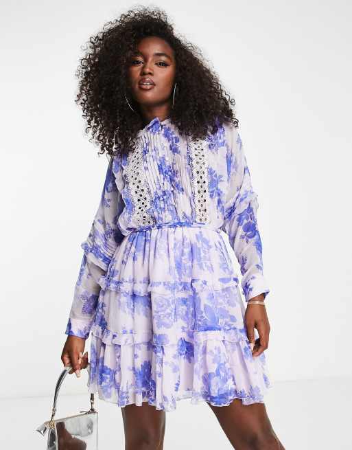 ASOS DESIGN soft mini dress with topstitching cuff in blue floral