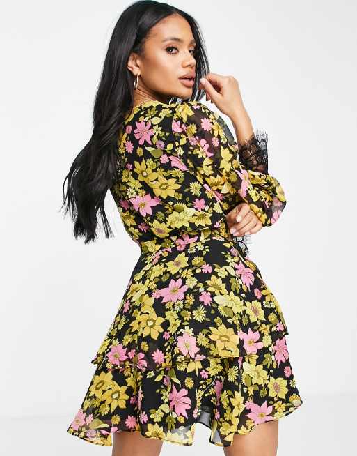 ASOS DESIGN soft mini skater dress in pink floral print with eyelash lace details