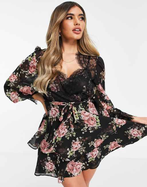 ASOS DESIGN soft mini skater dress in rose floral print with eyelash lace details 