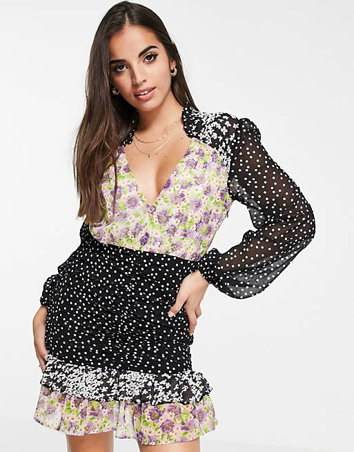 Dresses soft mix floral print ruched mini dress with long sleeves 
