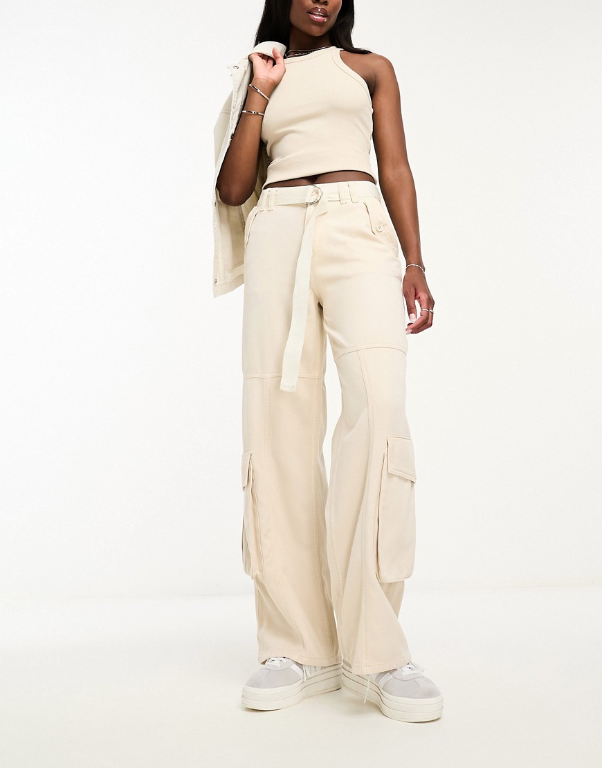 Asos Design Soft Oversized Cargo Pants With Belt In Ecru-white
