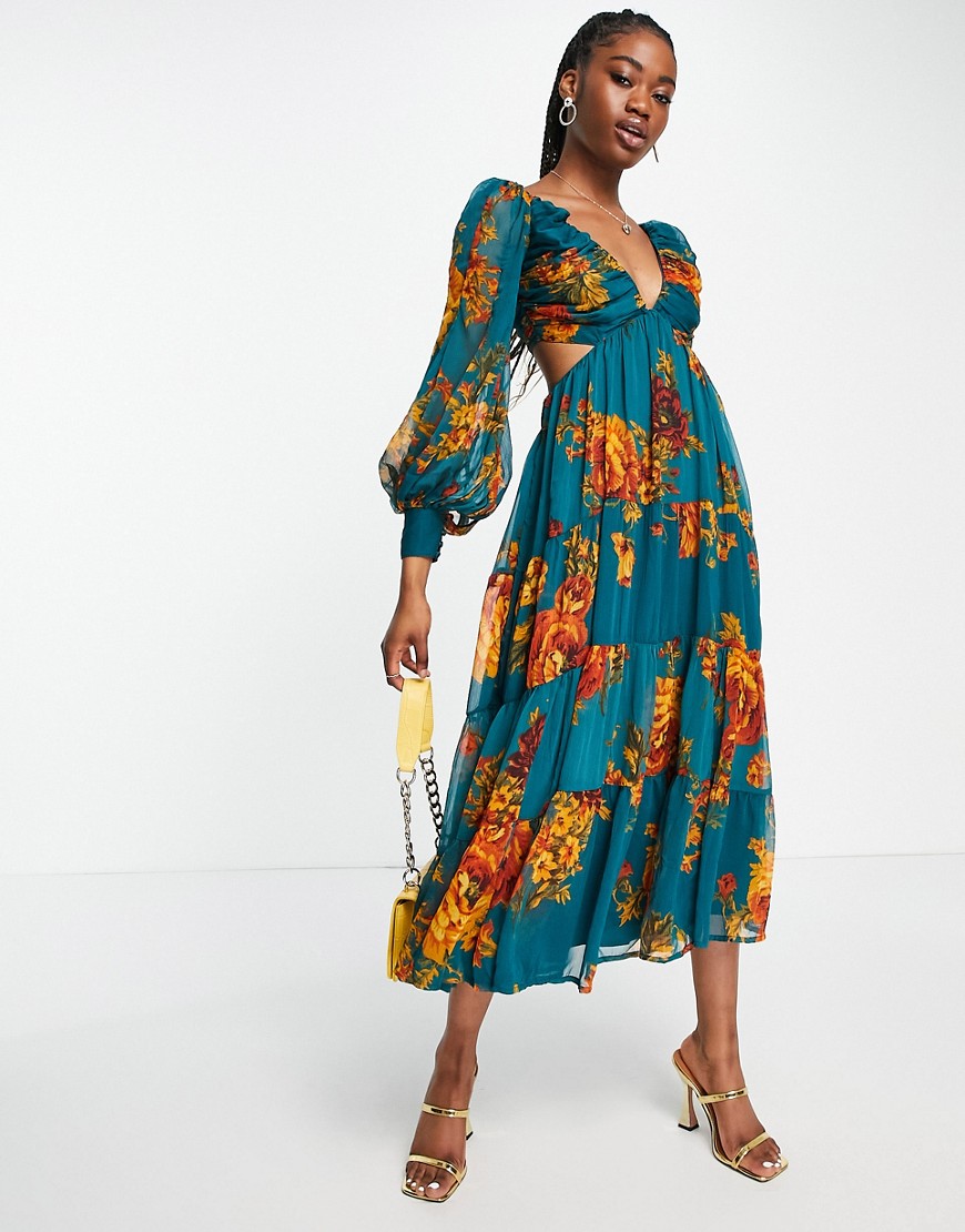 Asos Design Soft Pleated Bodice Midi Dress With Tiered Skirt And Lace Up Back Detail In Floral Print-multi
