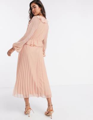 blush pleated midi dress