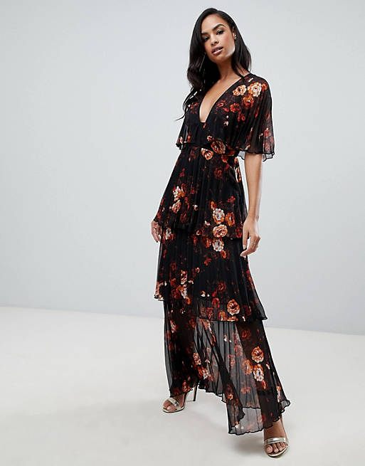 ASOS DESIGN soft pleated tiered maxi dress in dark floral print