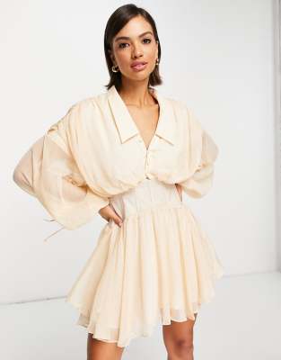Asos Design Soft Plunge Mini Shirt Dress With Corset Detail And Drape Back In Blush-pink In Pink