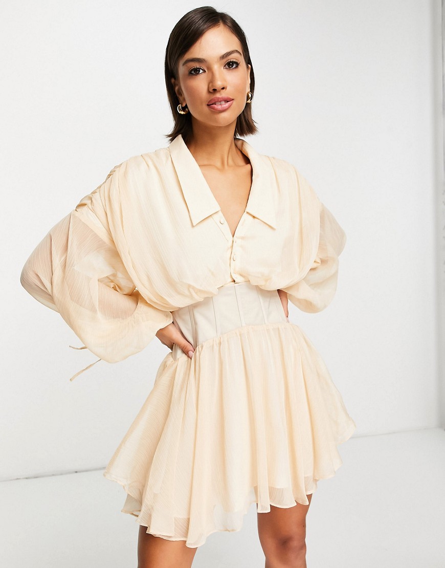 ASOS DESIGN soft plunge mini shirt dress with corset detail and drape back in blush-Pink