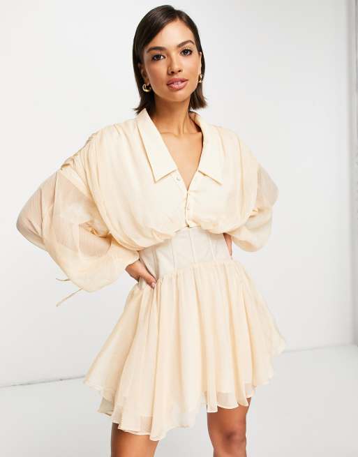 ASOS DESIGN soft plunge mini shirt dress with corset detail and drape back in blush