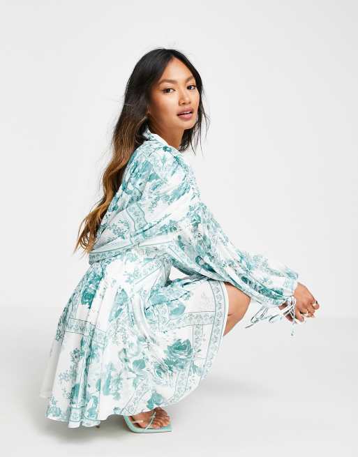 plunge shirt dress ASOS DESIGN soft plunge mini shirt dress with corset detail and drape back  in green floral tile print