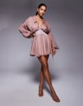 [ASOS DESIGN] ASOS DESIGN soft plunge mini shirt dress with corset detail and drape back in terracotta-Brown 14 Terracotta