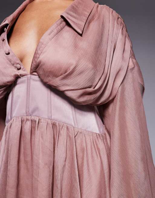ASOS DESIGN soft plunge mini shirt dress with corset detail and drape back in terracotta