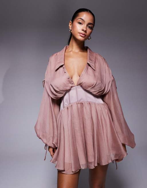 ASOS DESIGN soft plunge mini shirt dress with corset detail and drape back in terracotta