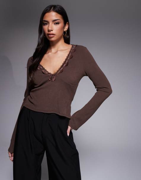 ASOS DESIGN soft rib flared sleeve lace trim tie detail in brown - view 1