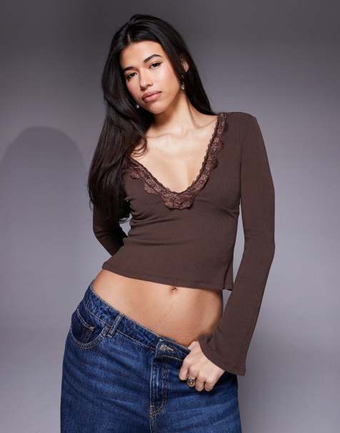 ASOS DESIGN soft rib flared sleeve lace trim tie detail in brown