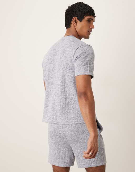 ASOS DESIGN soft rib lounge set with T-shirt and shorts in blue