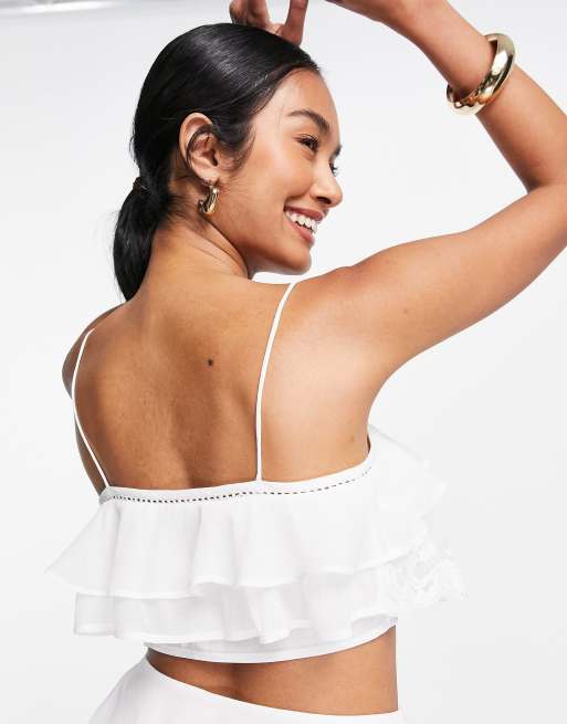 ASOS LUXE halter neck lace ruffle beach sleeve crop top in white