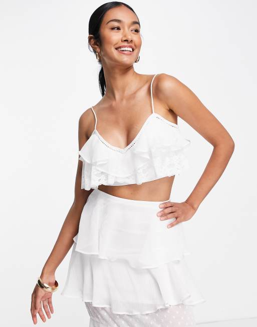 ASOS DESIGN soft ruffle cami crop top with lace inserts in ivory - part of  a set