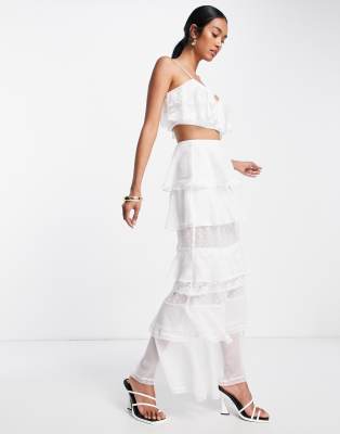 ASOS DESIGN soft ruffle layered maxi skirt with lace inserts co-ord in ivory-White
