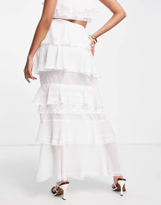 White Sweetheart Neck Lace Tube Top Ruched Ruffle Trim Slit Layered  Irregular Hem Maxi Skirt Matching