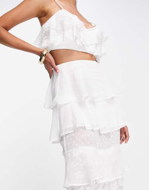 ASOS LUXE two-piece sheer lace ruffle set in white