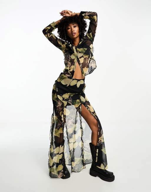ASOS DESIGN soft ruffle maxi skirt in yellow floral - part of a set