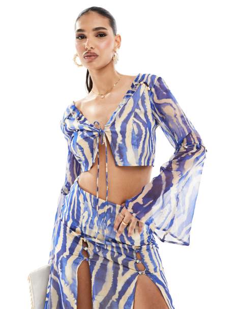 ASOS DESIGN soft ruffle top in blue zebra print (part of a set) - view 1