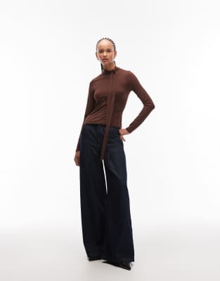 Asos Design Soft Scarf Neck Top In Brown