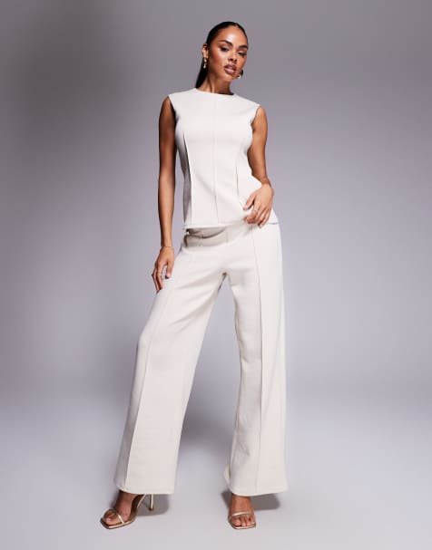 ASOS DESIGN soft seamed wide leg pants in cream - part of a set - view 1