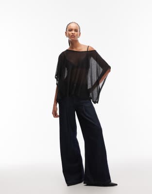Asos Design Soft Semi Sheer Asymmetric Cape Top In Black