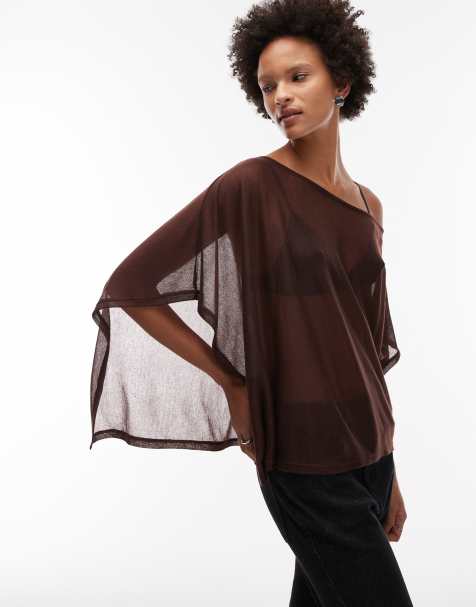 ASOS DESIGN soft semi sheer asymmetric cape top in chocolate