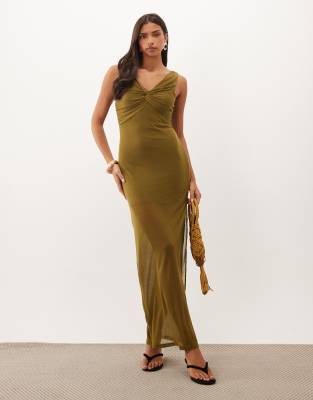 Asos Design Soft Semi Sheer Column Maxi Dress With Twist Bust Detail In Green