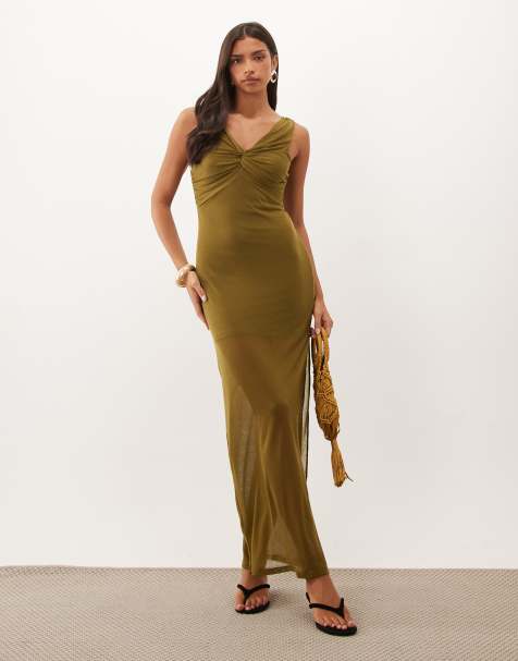 ASOS DESIGN soft semi sheer column maxi dress with twist bust detail in olive - view 1