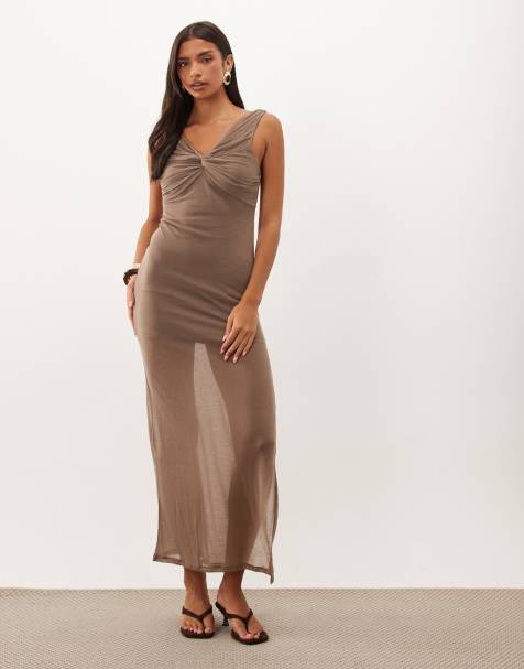ASOS DESIGN soft semi sheer column maxi dress with twist bust detail in taupe - view 1