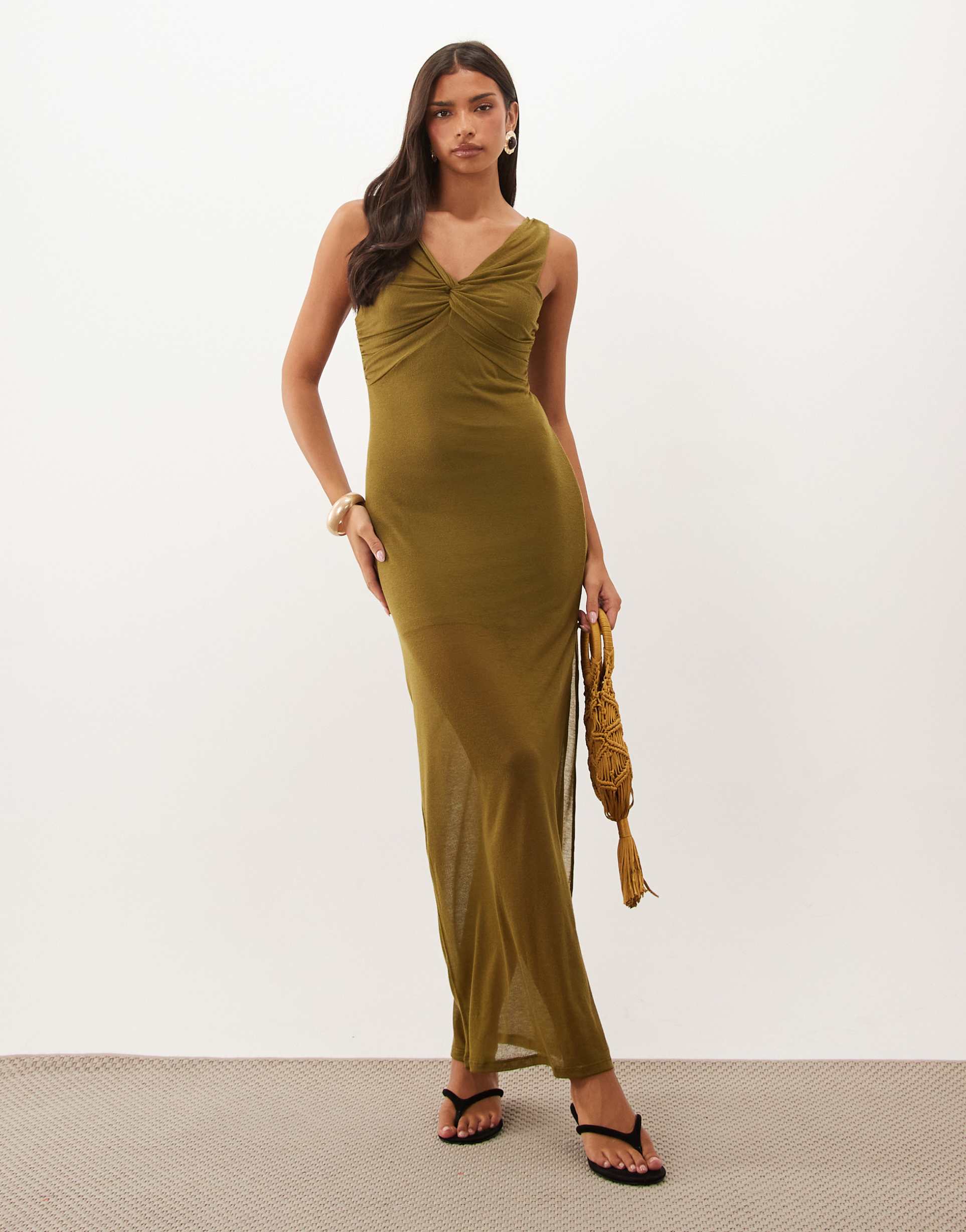 asos design soft semi sheer column maxi dress with twisted bust detail in olive