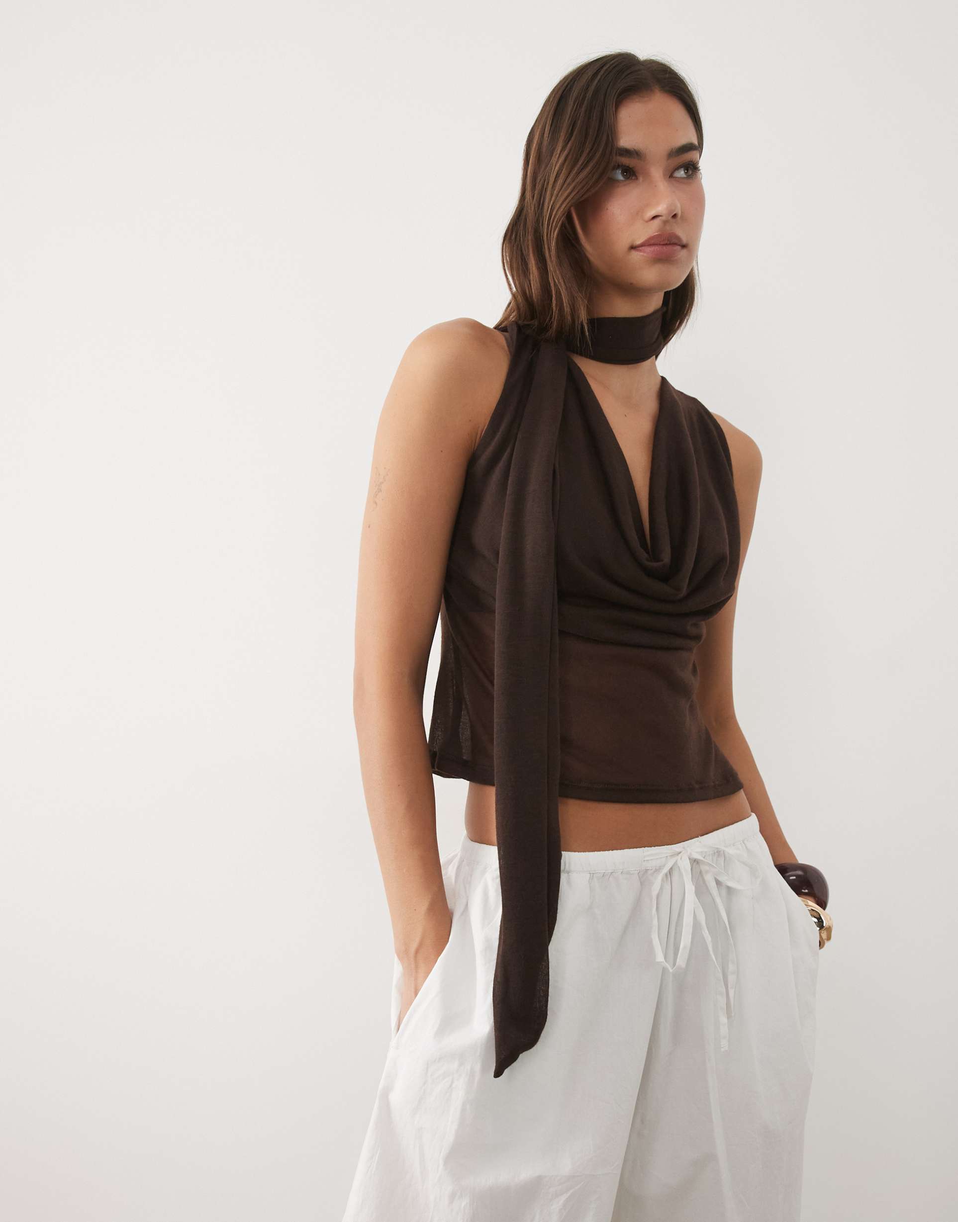 asos design soft semi sheer cowl scarf neck tank top in chocolate