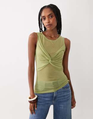 Asos Design Soft Semi Sheer Cowl Scarf Neck Tank Top In Green