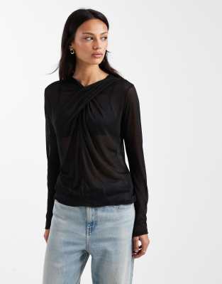 Asos Design Soft Semi Sheer Drape Neck Long Sleeve Top In Black