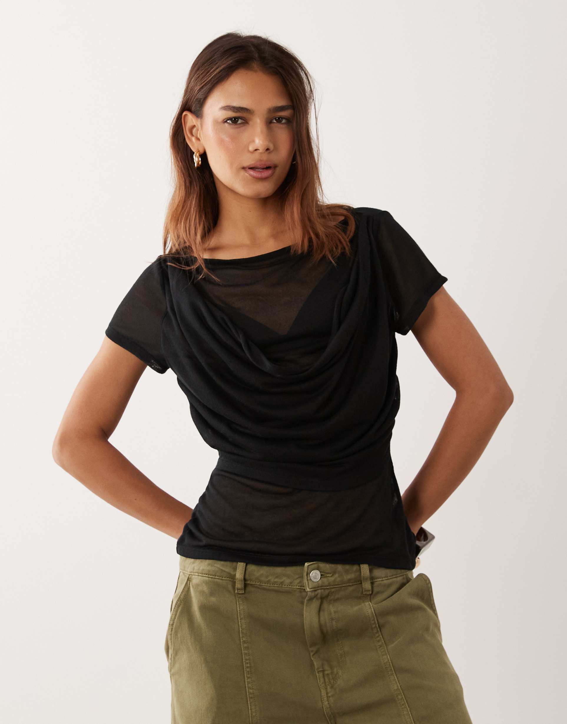 asos design soft semi sheer draped overlay top in black