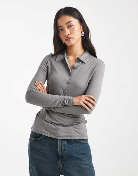 ASOS DESIGN soft semi sheer long sleeve polo shirt in charcoal - view 1