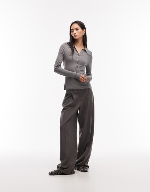 ASOS DESIGN soft semi sheer long sleeve polo shirt in charcoal, 2 of 4