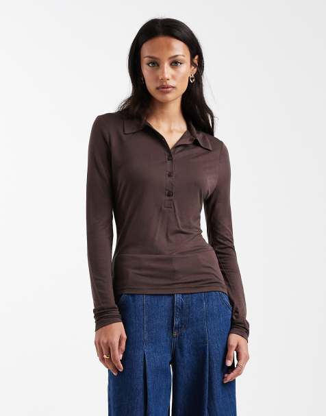 ASOS DESIGN soft semi sheer long sleeve polo shirt in chocolate - view 1