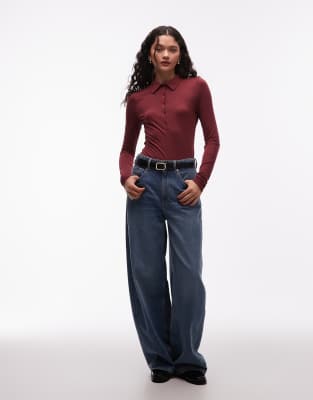 Asos Design Soft Semi Sheer Long Sleeve Shirt In Red